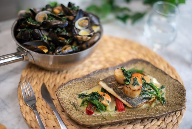 Pan-fried Cornish Fish with steamed Mussels, Monks Beard and Butter Sauce