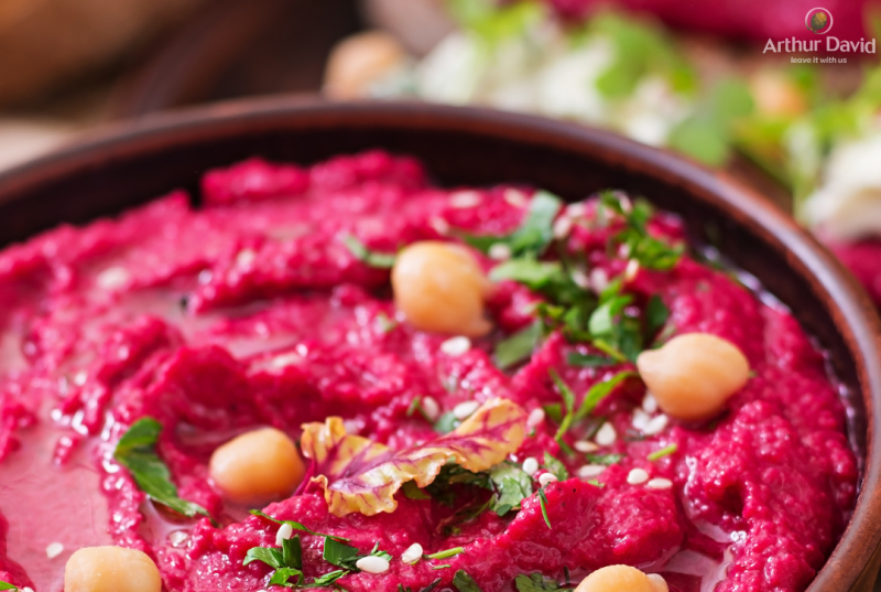 Whipped beetroot and butterbean hummus with a rainbow slaw and crushed feta
