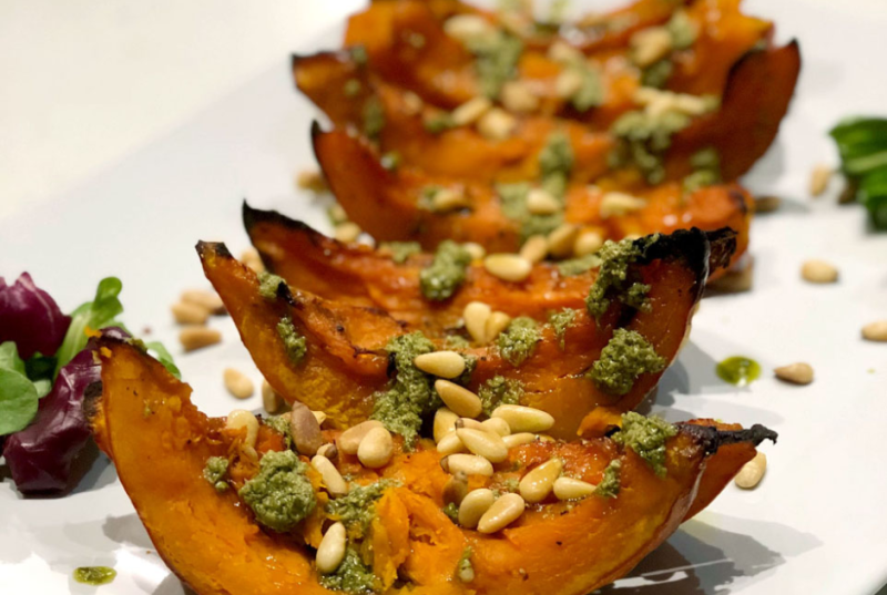 Roasted Acorn Squash with Basil Pesto & Pine Nuts