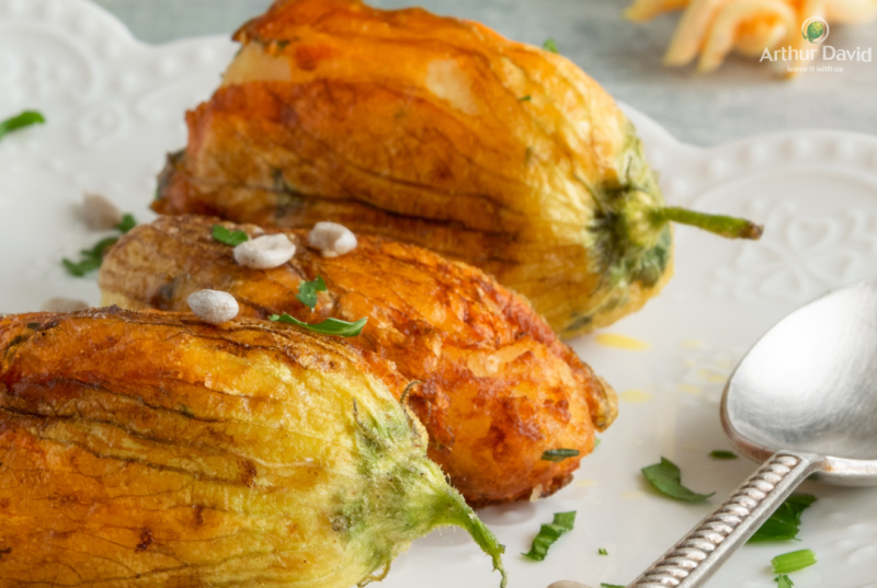 Stuffed Courgette Flowers with Ricotta Cheese and Field Mushroom Duxelle